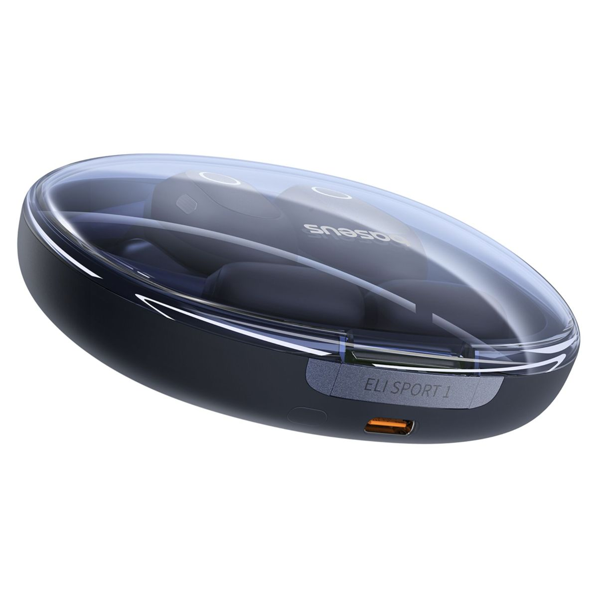 Custodia di ricarica ovale chiusa per auricolari Eli Sport 1 con coperchio trasparente e porta USB-C.