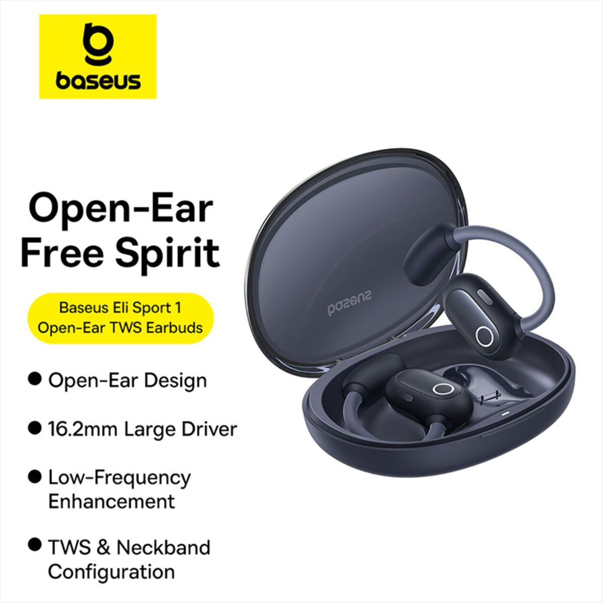 Auricolari TWS open-ear Baseus Eli Sport 1 in una custodia con testo del prodotto.