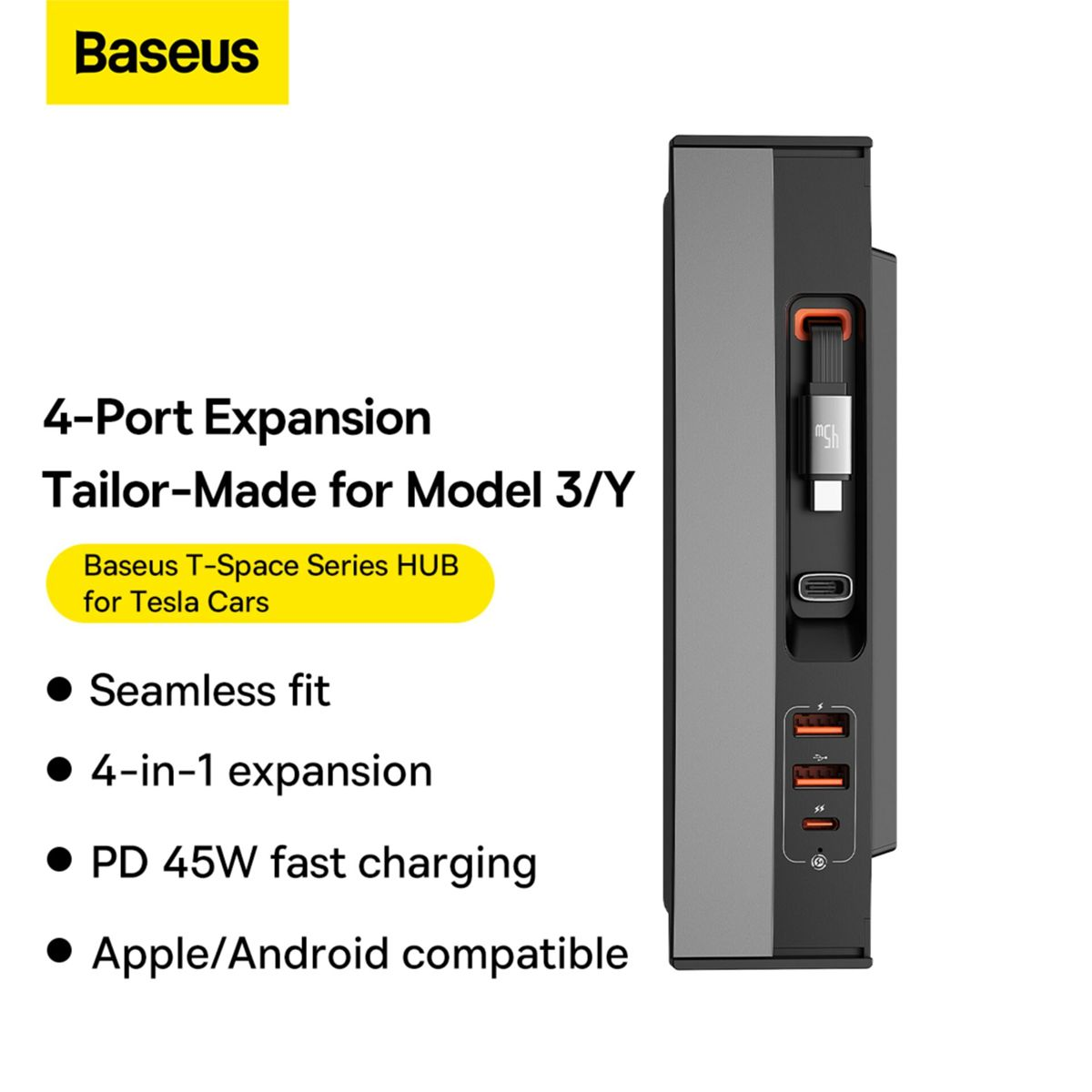 Concentrador de 4 puertos Baseus para Tesla Model 3 y Y con carga rápida.