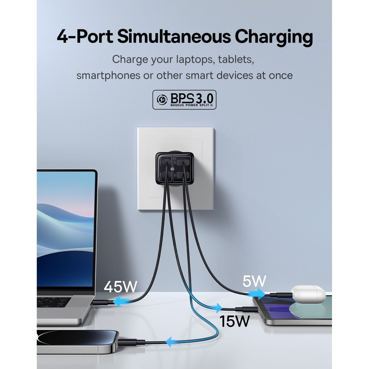 Un chargeur mural noir à 4 ports charge simultanément quatre appareils avec des puissances différentes.
