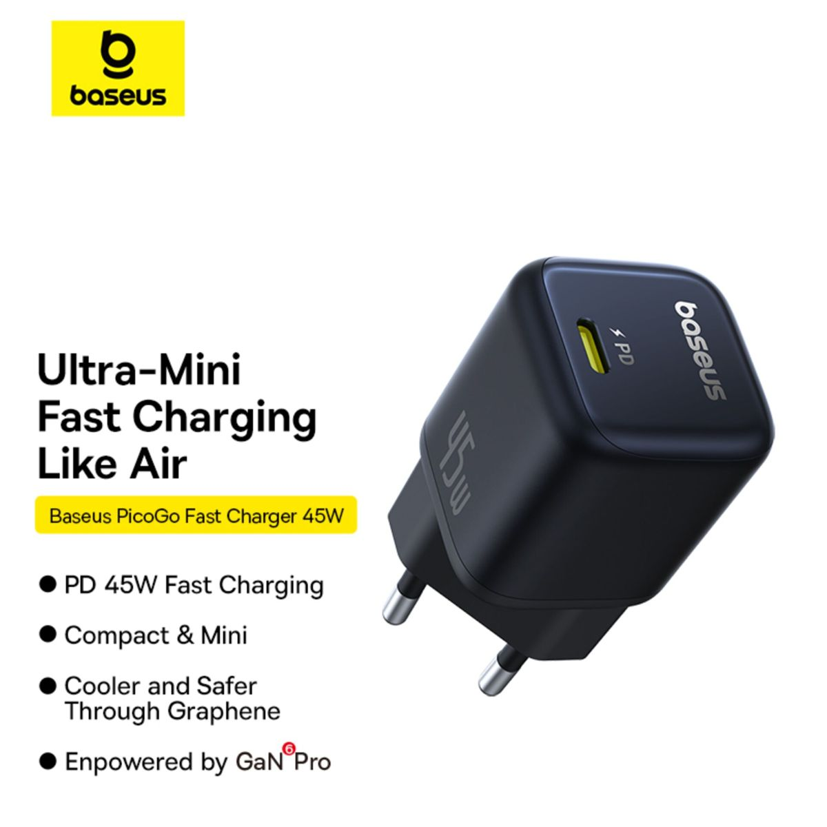 Caricabatterie rapido USB-C nero da 45W su sfondo bianco con testo delle caratteristiche.