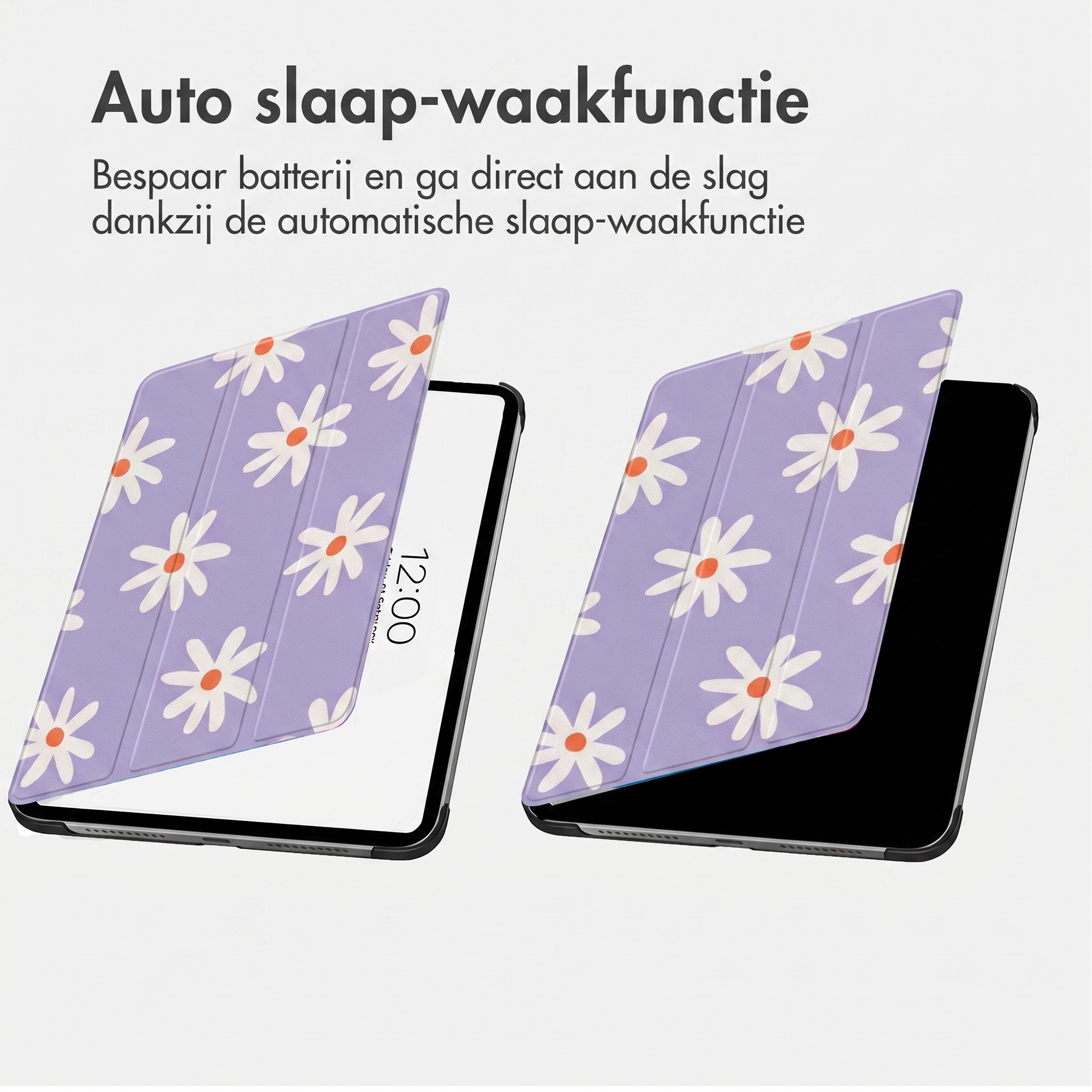 Deux tablettes avec étuis marguerites violettes montrant la fonction veille automatique.