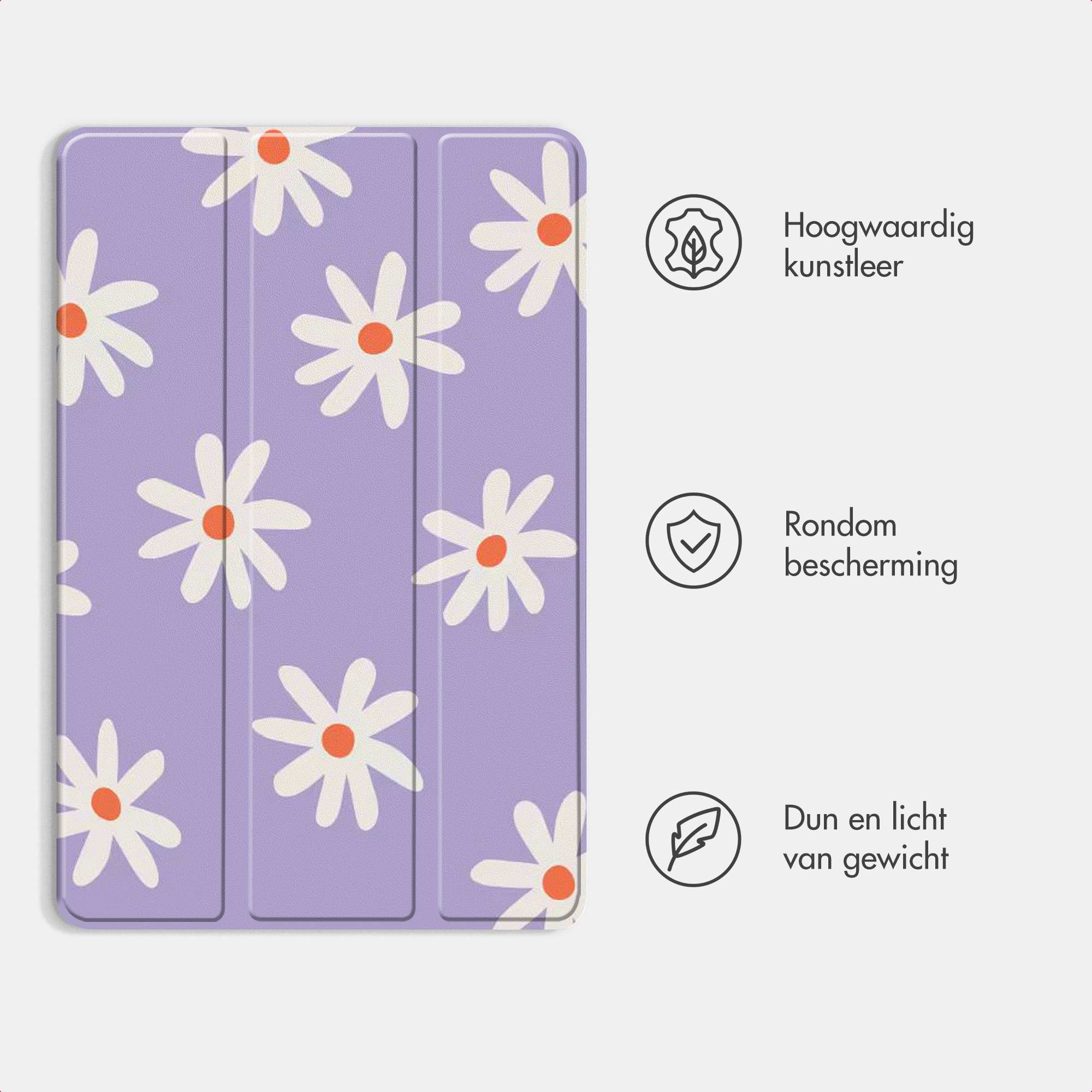 Etui de tablette violet avec des marguerites blanches et trois icônes.