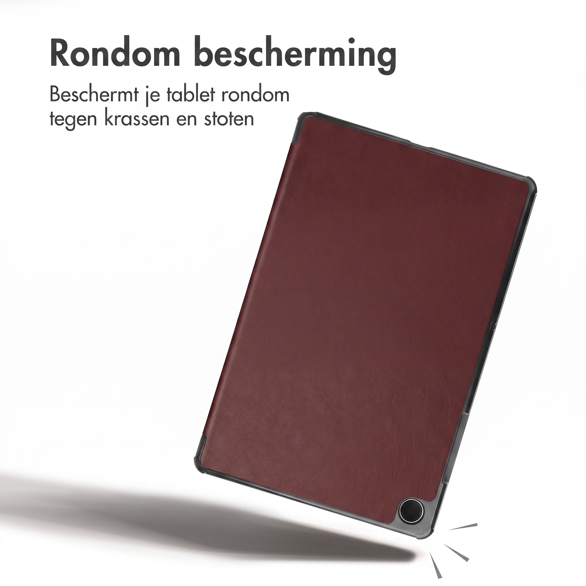 Custodia per tablet in pelle rosso scuro con bordo nero e testo in alto a sinistra su sfondo bianco.