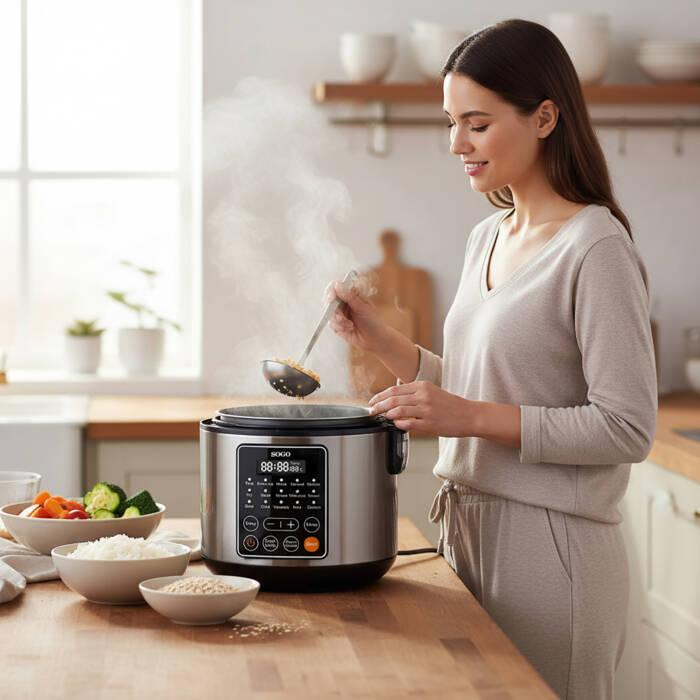 Una donna cucina in cucina usando una vaporiera digitale, con vapore che sale.