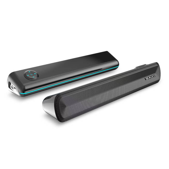 Due soundbar SOGO nere su sfondo bianco, una mostra la griglia frontale e l'altra i controlli superiori.