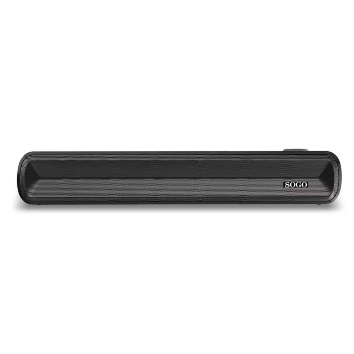 Una soundbar nera con griglia in metallo e logo SOGO sul davanti.