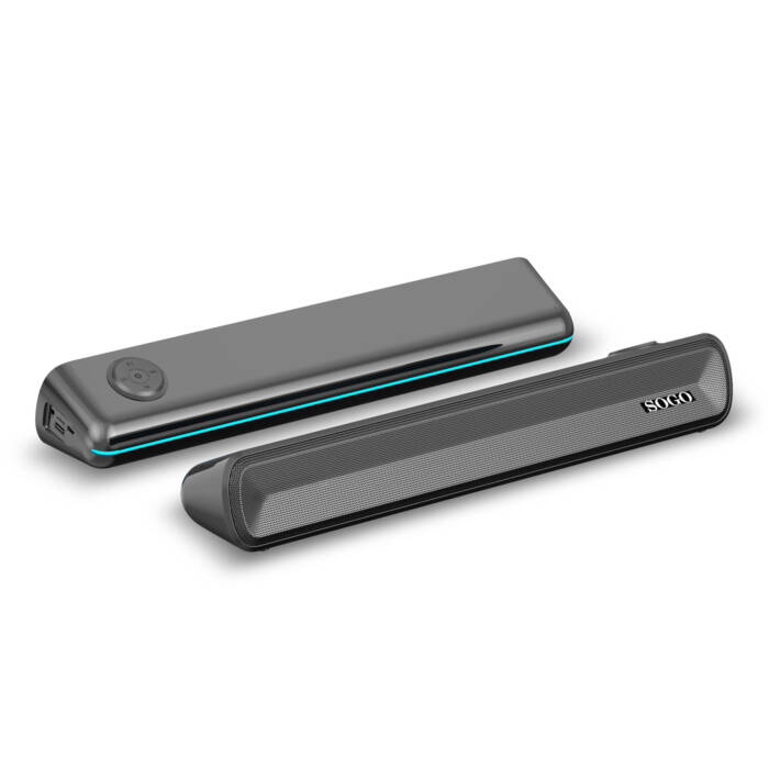 Due soundbar Sogo nere con illuminazione a LED blu su sfondo bianco.