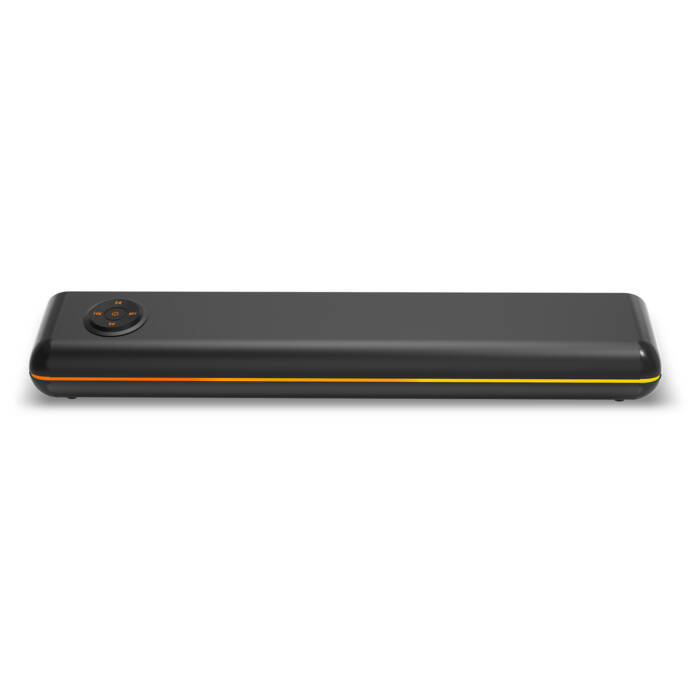 Soundbar nera allungata con controlli rotondi e una striscia di luce arancione su sfondo bianco.