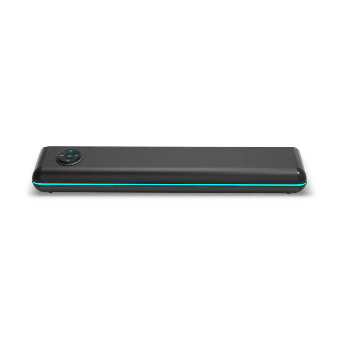 Soundbar nera con pulsanti di controllo rotondi e una striscia di luce blu brillante su sfondo bianco.