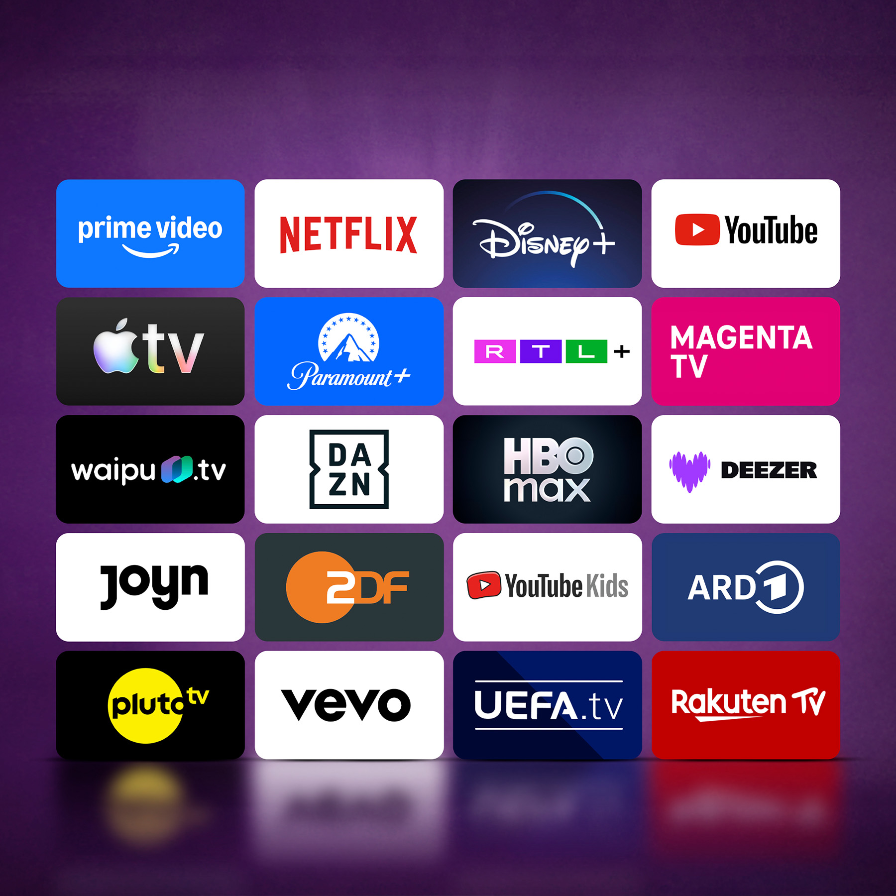 Une grille de vingt logos d'applications de streaming, dont Prime Video, Netflix et YouTube, sur un fond violet.