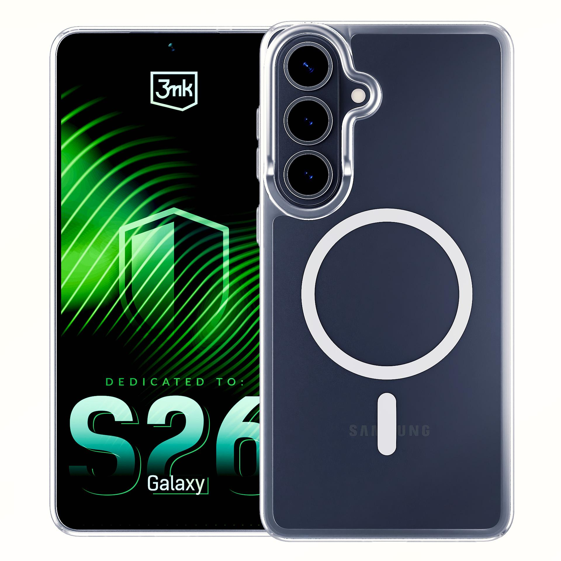 Uno smartphone nero con custodia protettiva trasparente e anello magnetico circolare sul retro.