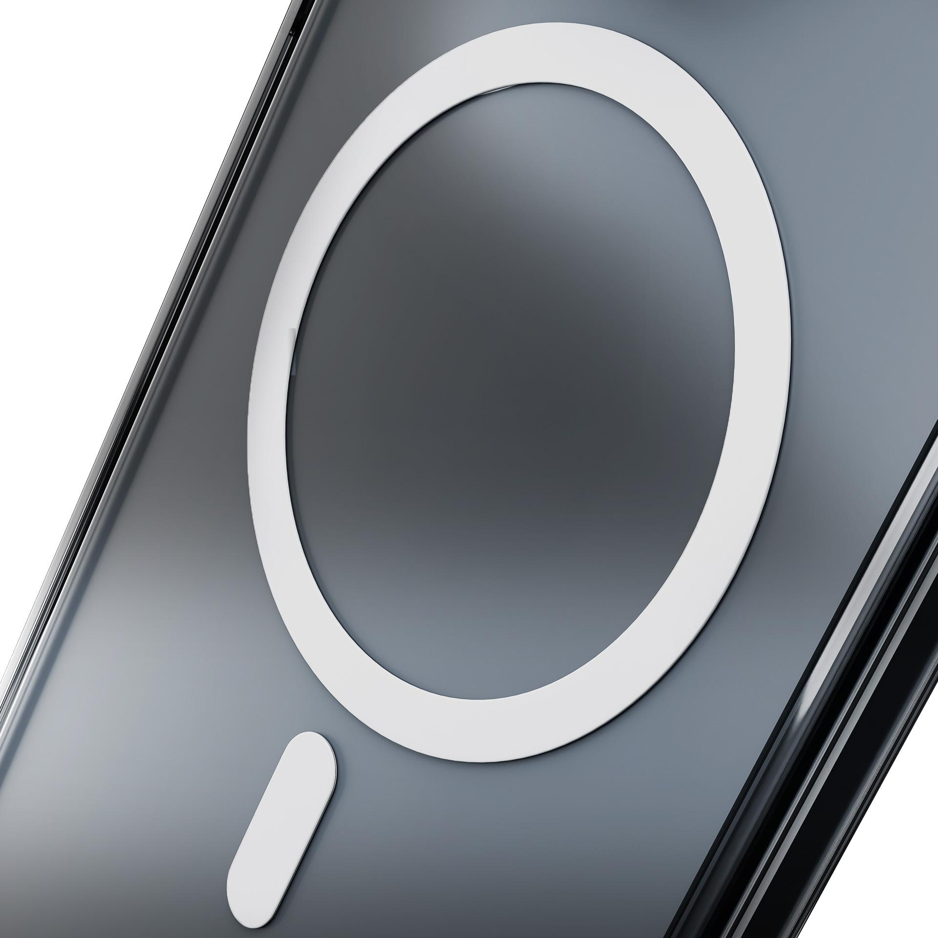 Retro di una custodia per smartphone grigio scuro con anello bianco e barra verticale.