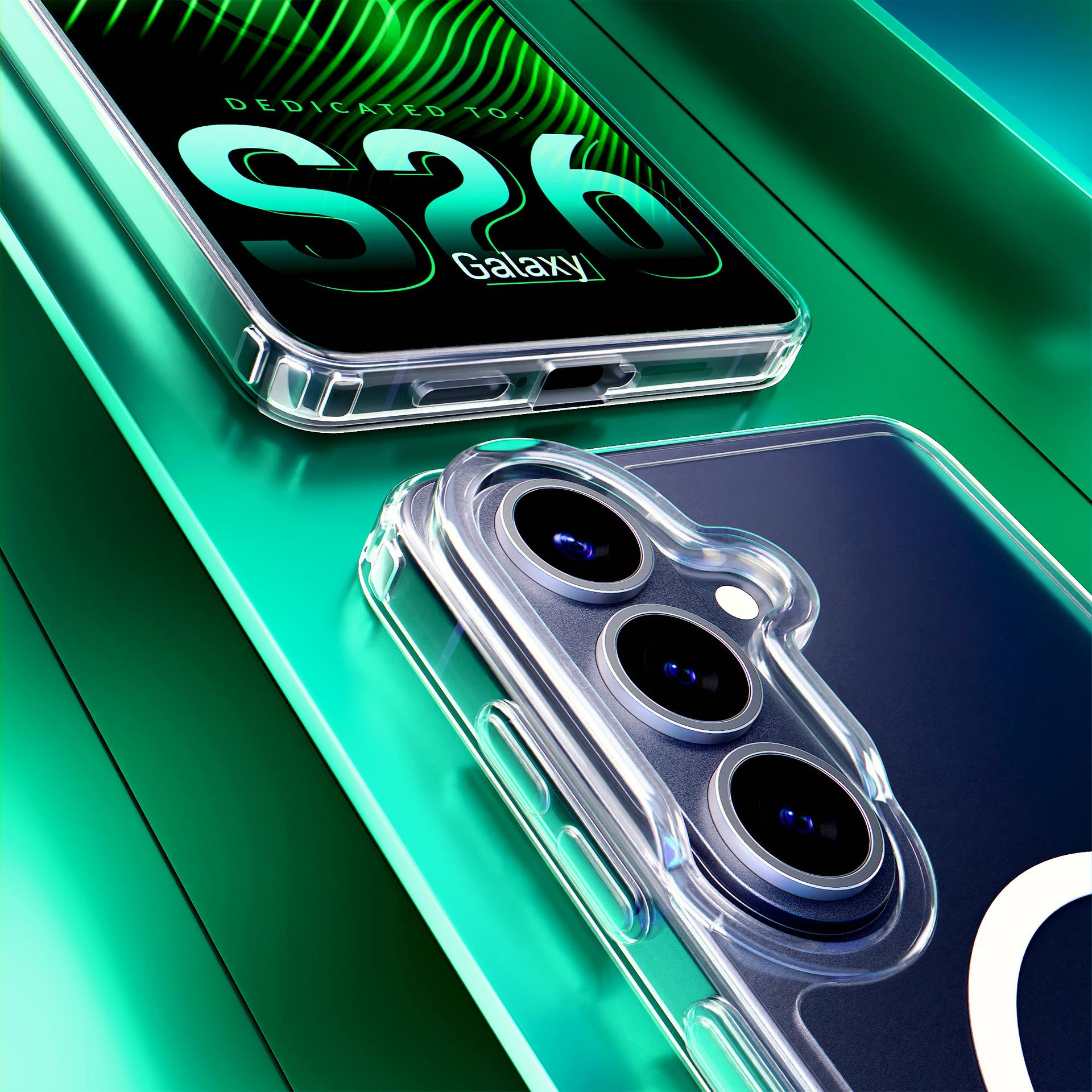 Due smartphone Galaxy S26 in custodie trasparenti su superficie verde.