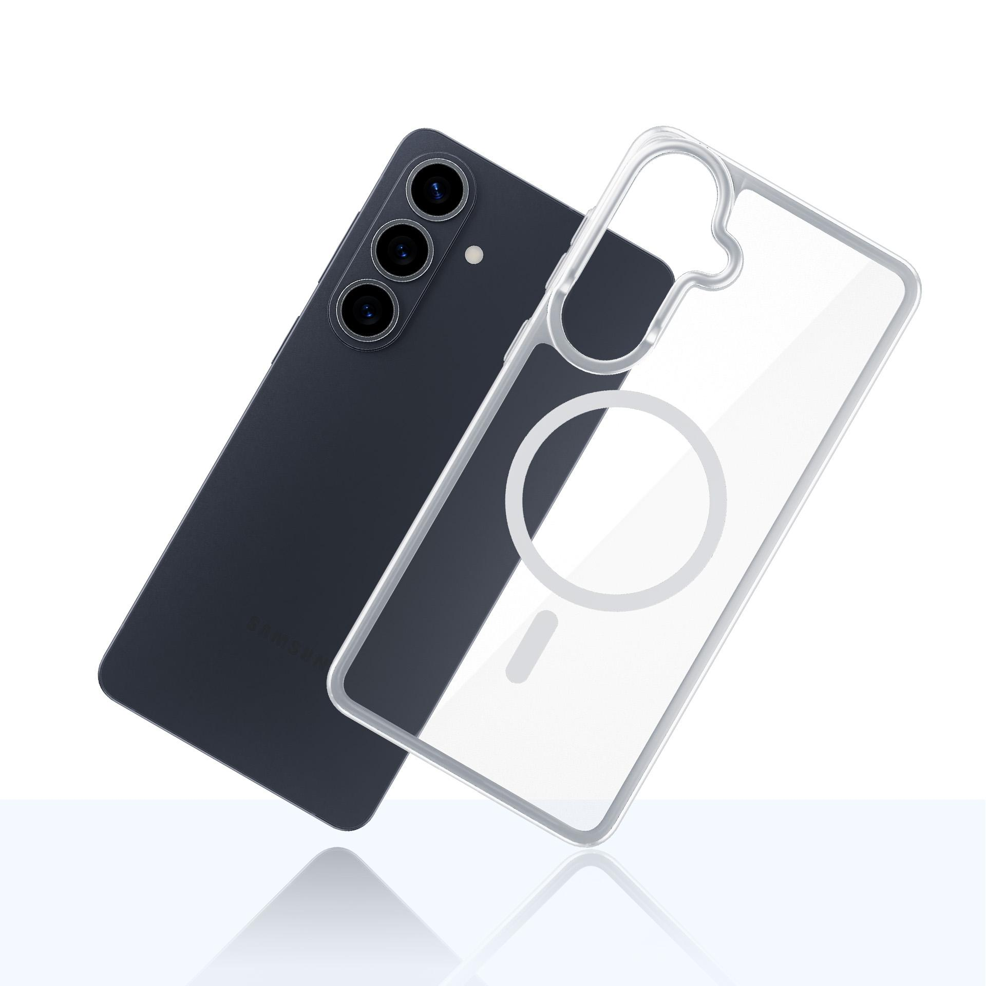 Uno smartphone scuro e una custodia protettiva trasparente con anello su sfondo bianco.