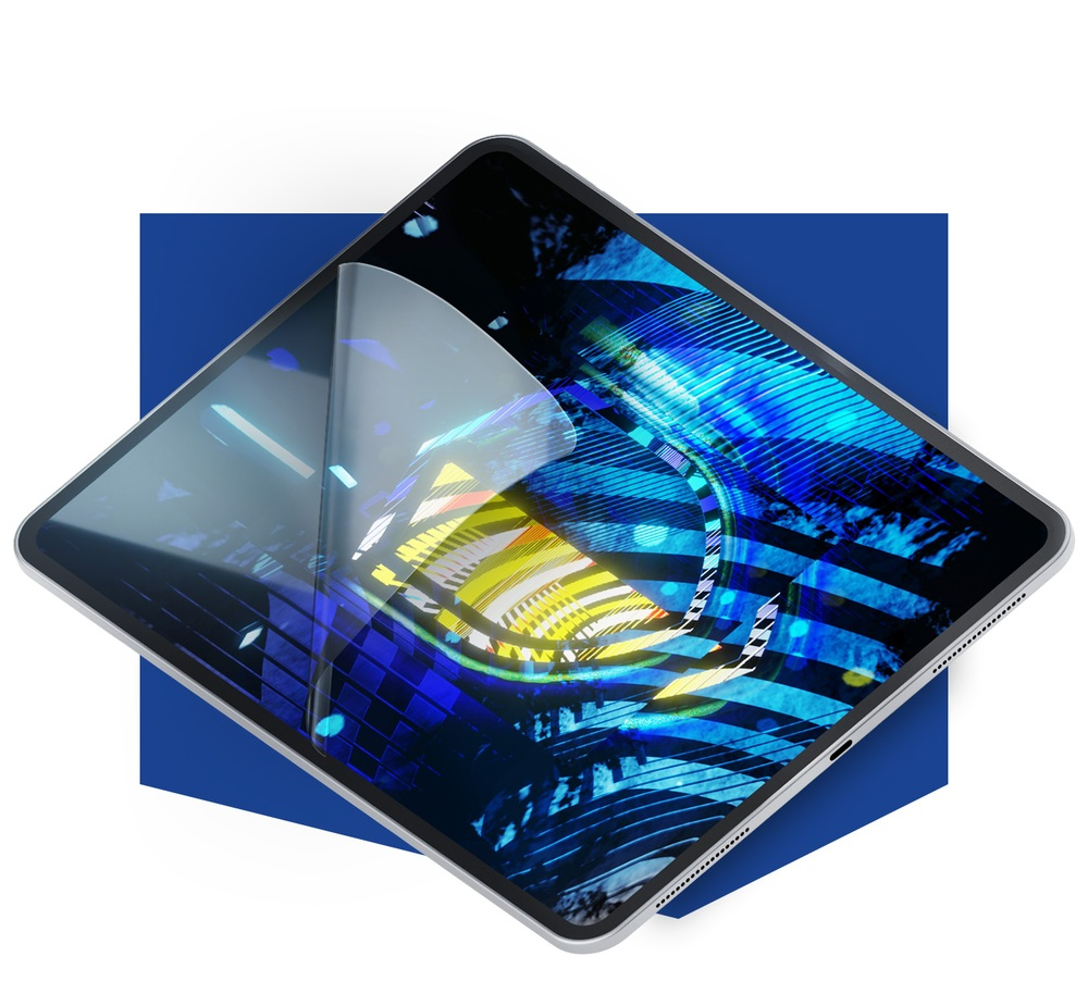 Una tableta con pantalla azul brillante y un protector de pantalla despegándose parcialmente.