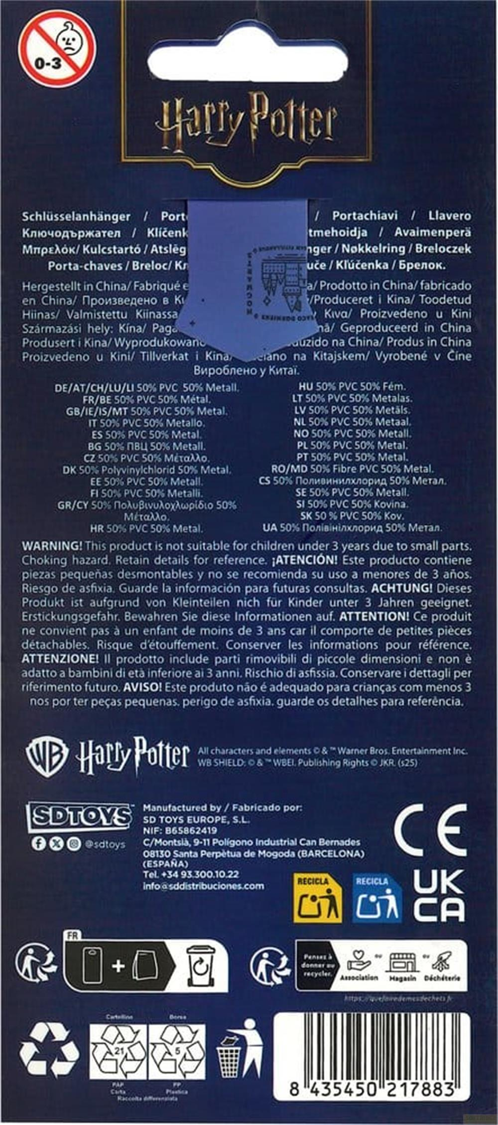 Dorso de un empaque de llavero de Harry Potter con advertencias, detalles del fabricante y código de barras.