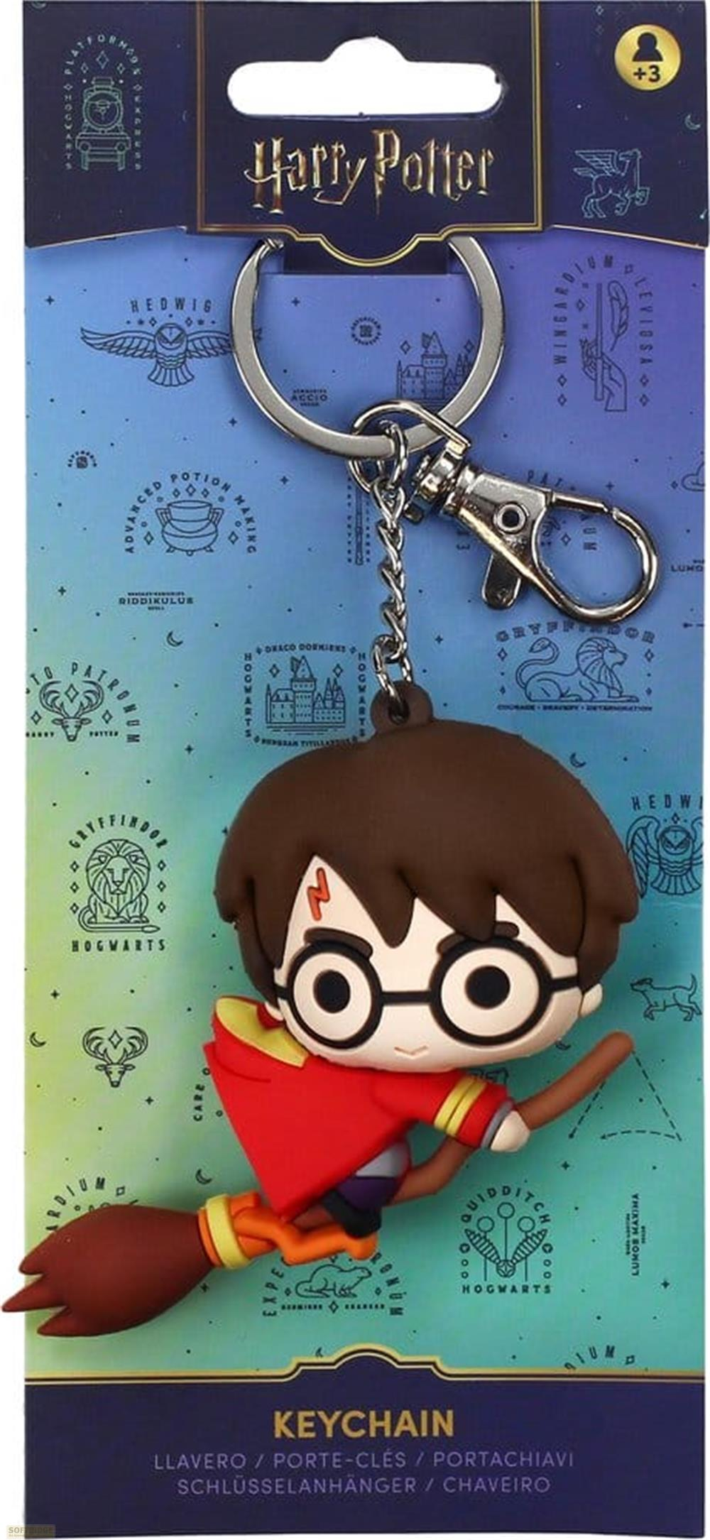 Llavero de Harry Potter en tarjeta azul con un Harry estilo chibi en escoba.