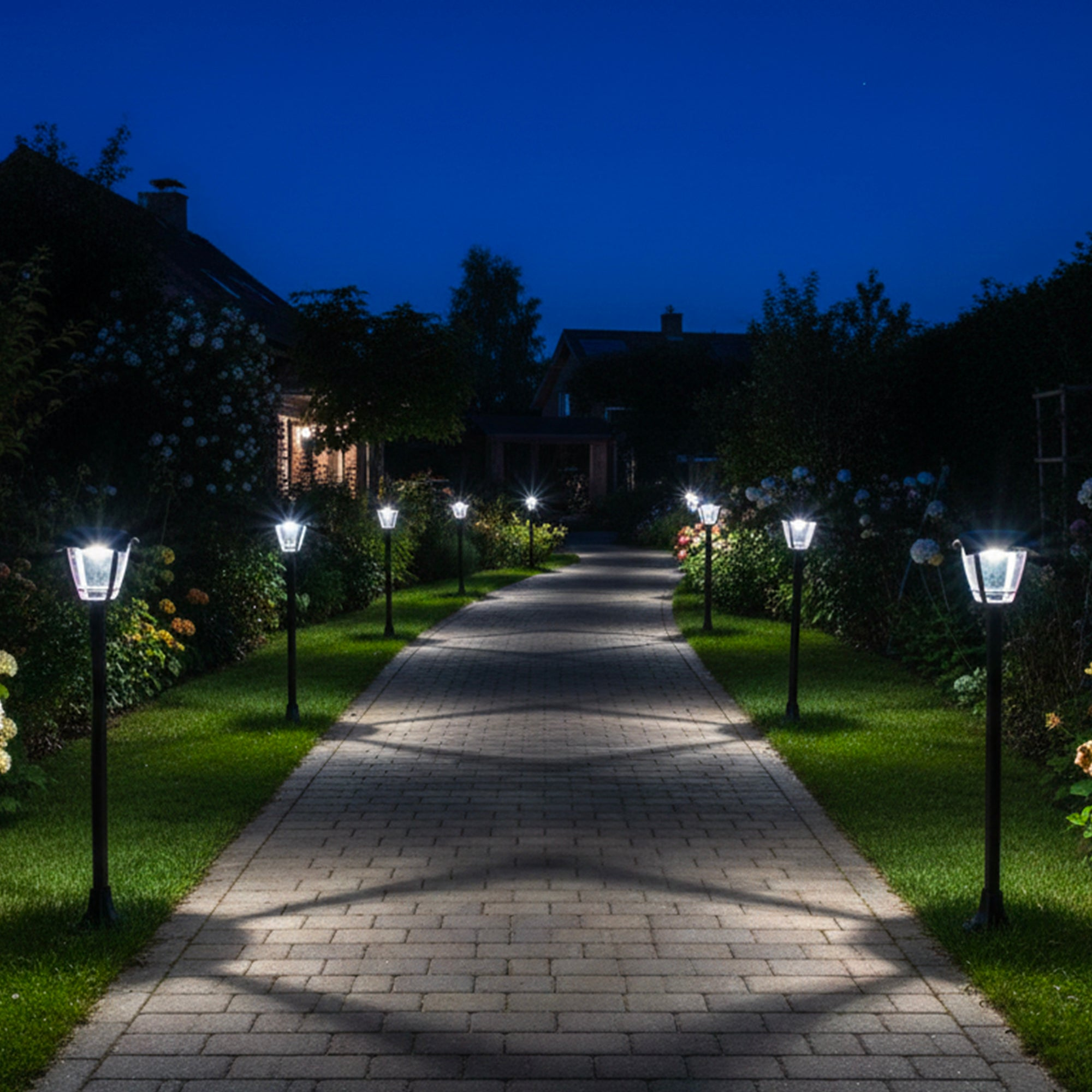 Beleuchteter gepflasterter Gartenweg bei Nacht mit Laternen an den Rändern und Häusern im Hintergrund.
