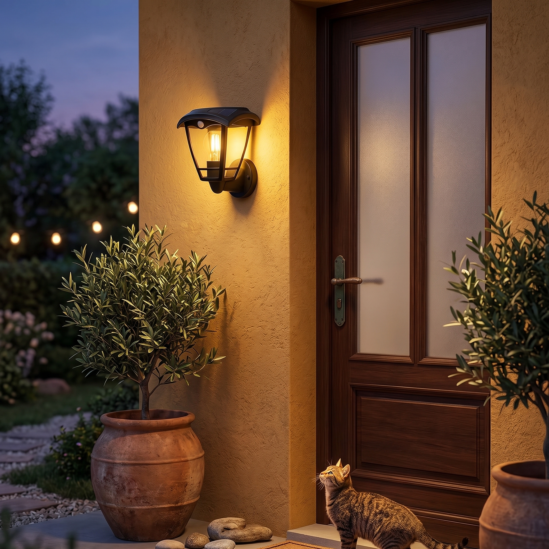 Eine erleuchtete Wandlampe leuchtet neben einer Holztür, mit Topfpflanzen und einer Katze im Dämmerlicht.