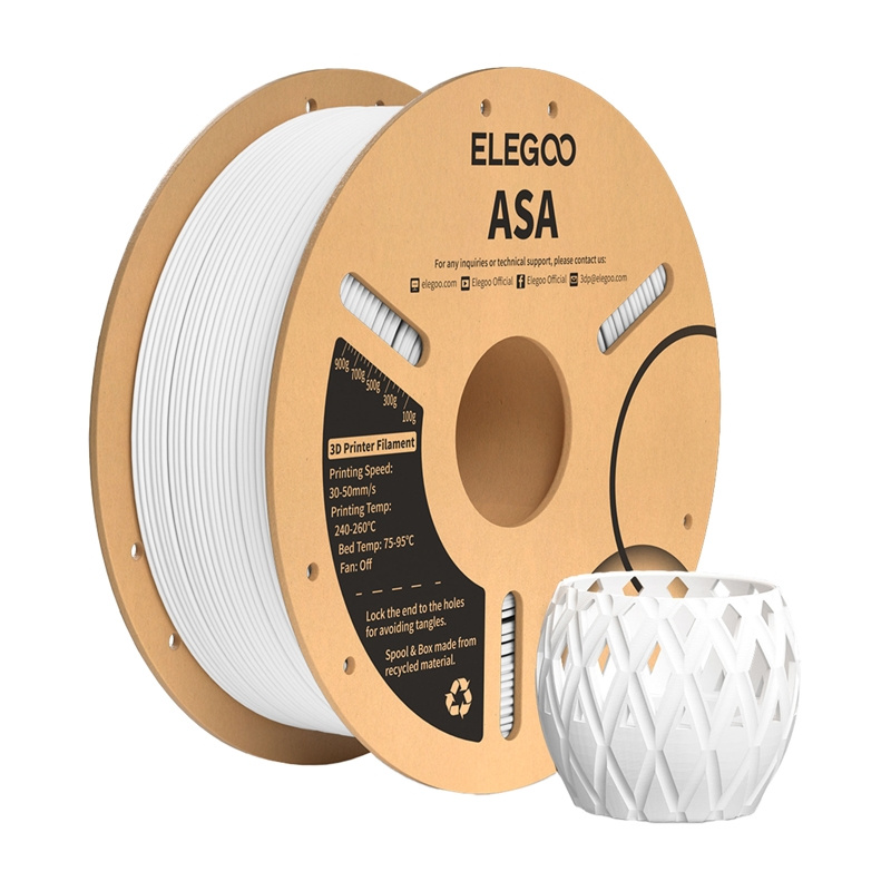 Una bobina di cartone di filamento bianco ASA per stampante 3D accanto a un supporto geometrico.