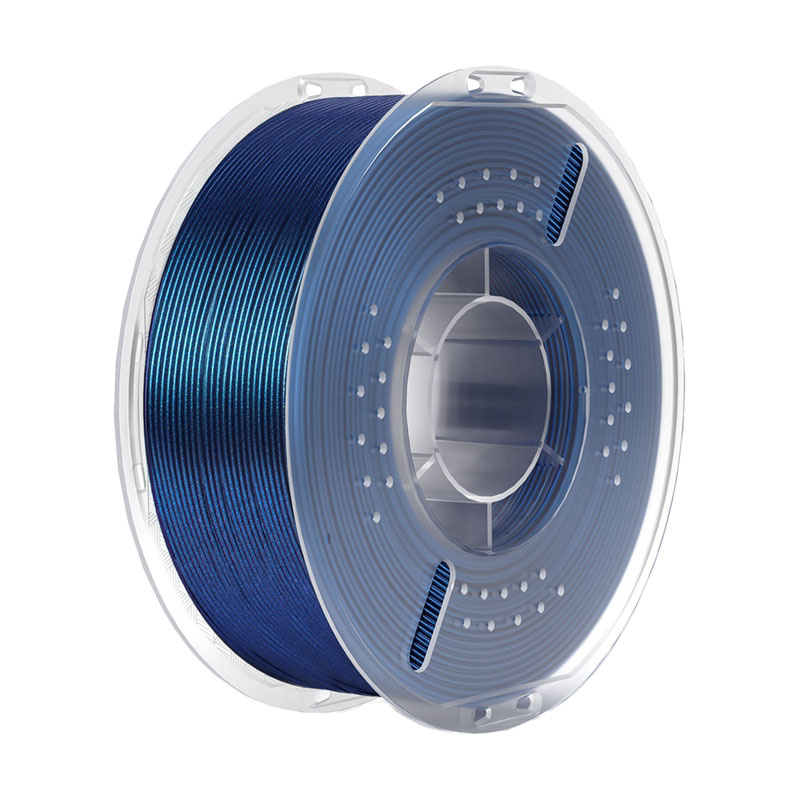 Una bobina trasparente riempita con filamento blu scuro per stampante 3D su sfondo bianco.