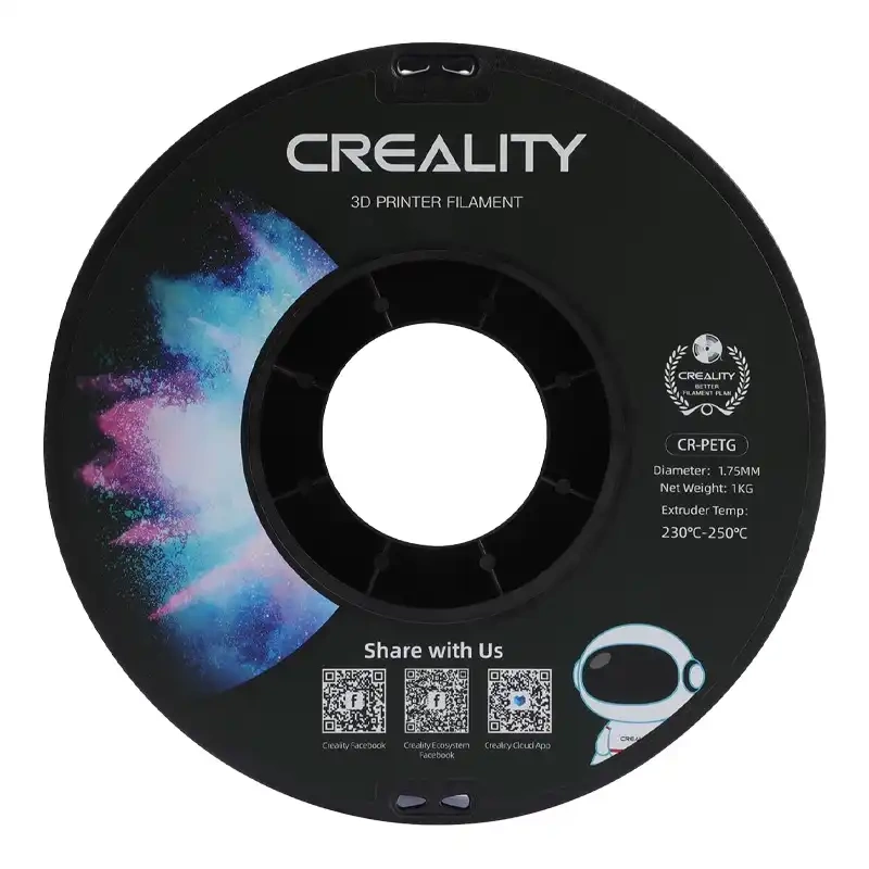 Bobina di filamento per stampante 3D Creality CR-PETG nera con testo bianco, dettagli grafici e codici QR.