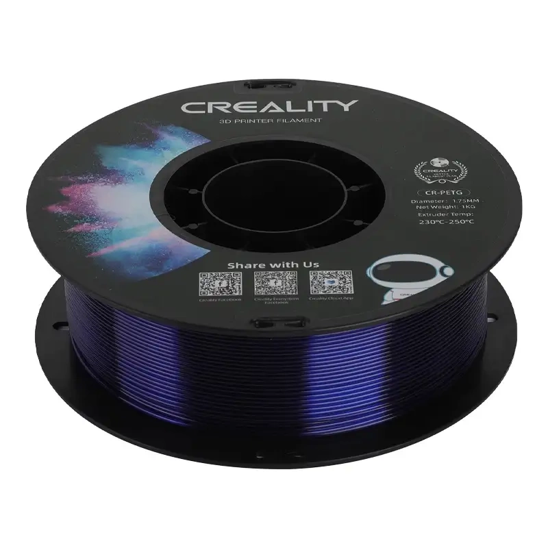 Una bobina di filamento blu per stampante 3D con marchio Creality su sfondo nero.