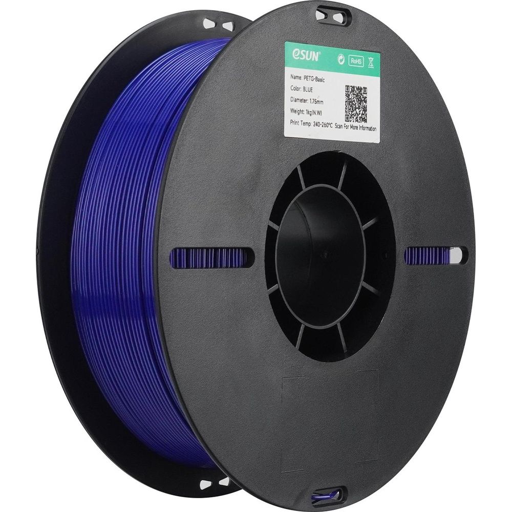 Una bobina de filamento azul para impresora 3D en un carrete de plástico negro con etiqueta.