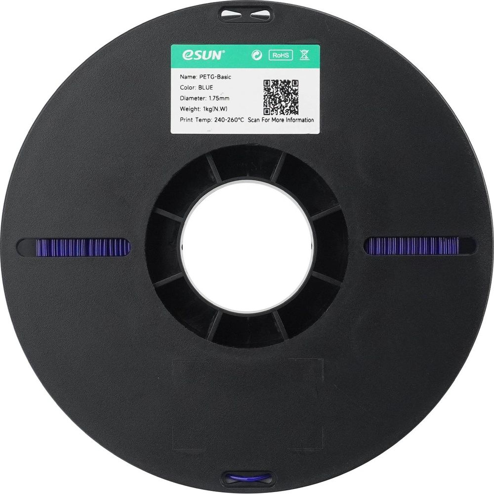 Bobina de filamento de impresora 3D eSUN PETG negra en azul, 1 kg, con etiqueta.