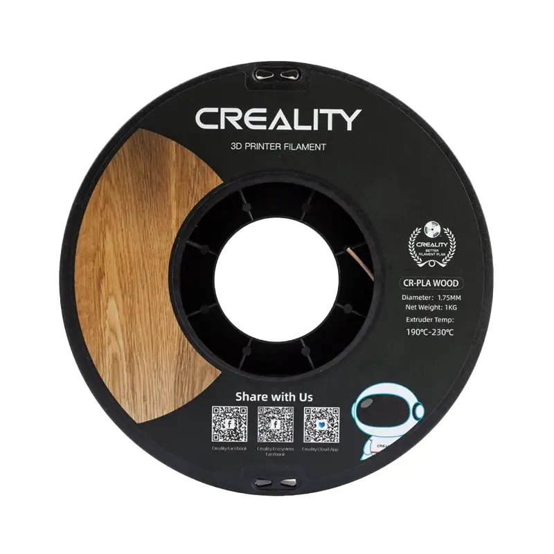 Bobina di filante per stampante 3D Creality CR-PLA Wood nera con trama in legno.