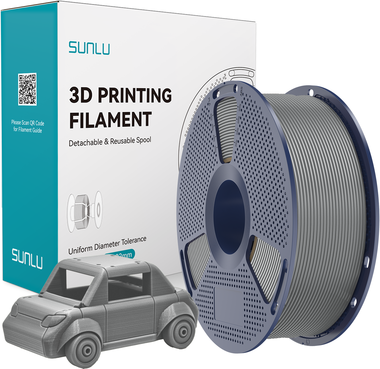 Kutusu ve basılmış bir arabayla birlikte makara üzerinde SUNLU 3D filament.