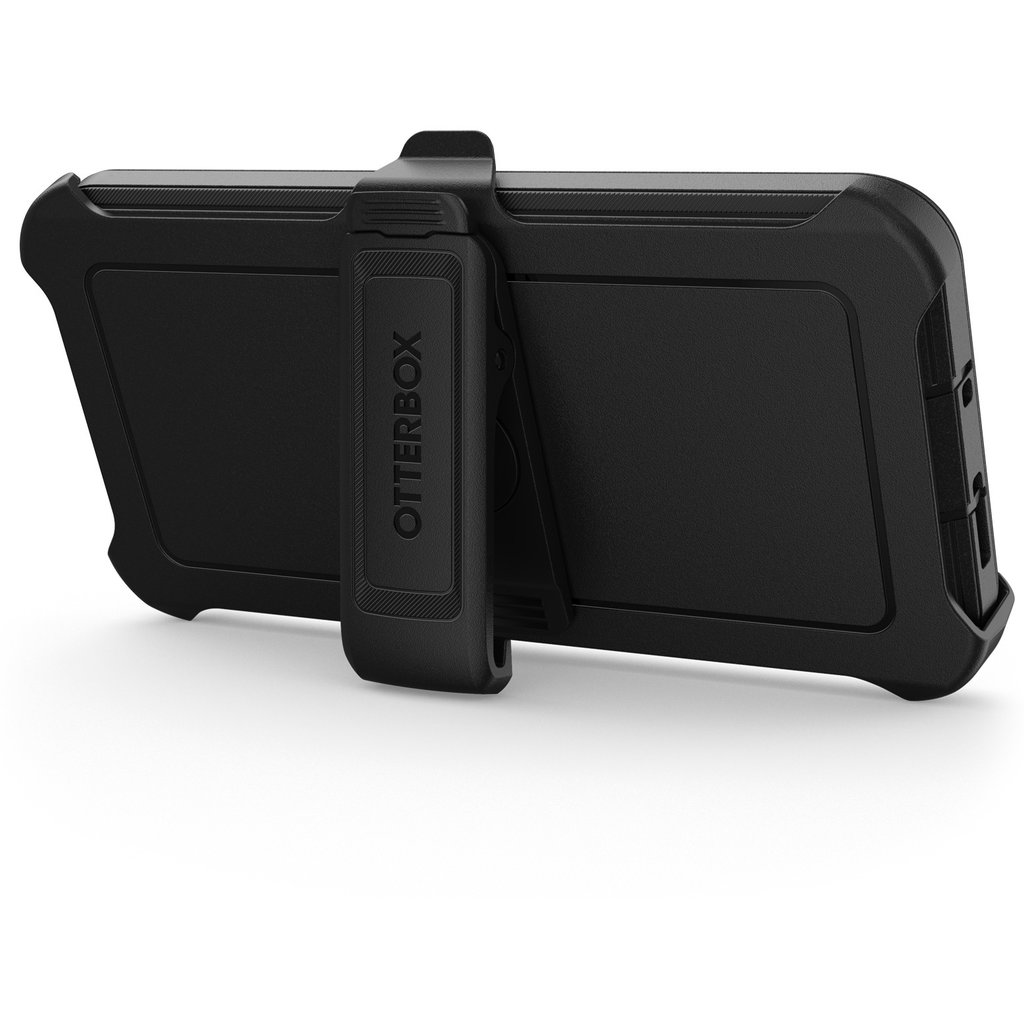 Coque de téléphone OtterBox noire avec clip de ceinture intégré à l'arrière, sur fond blanc.