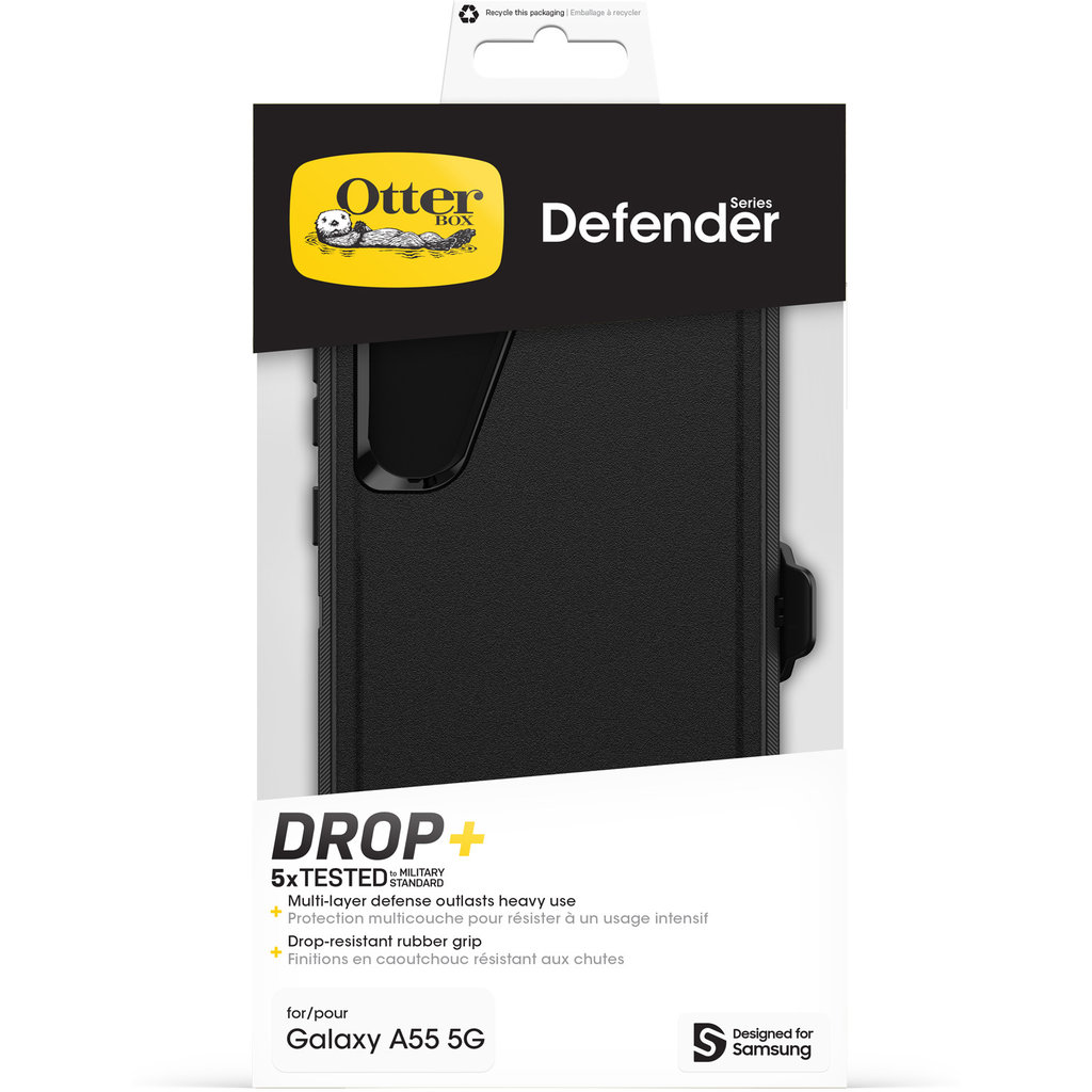 Emballage d'une coque noire OtterBox Defender Series pour Galaxy A55 5G.