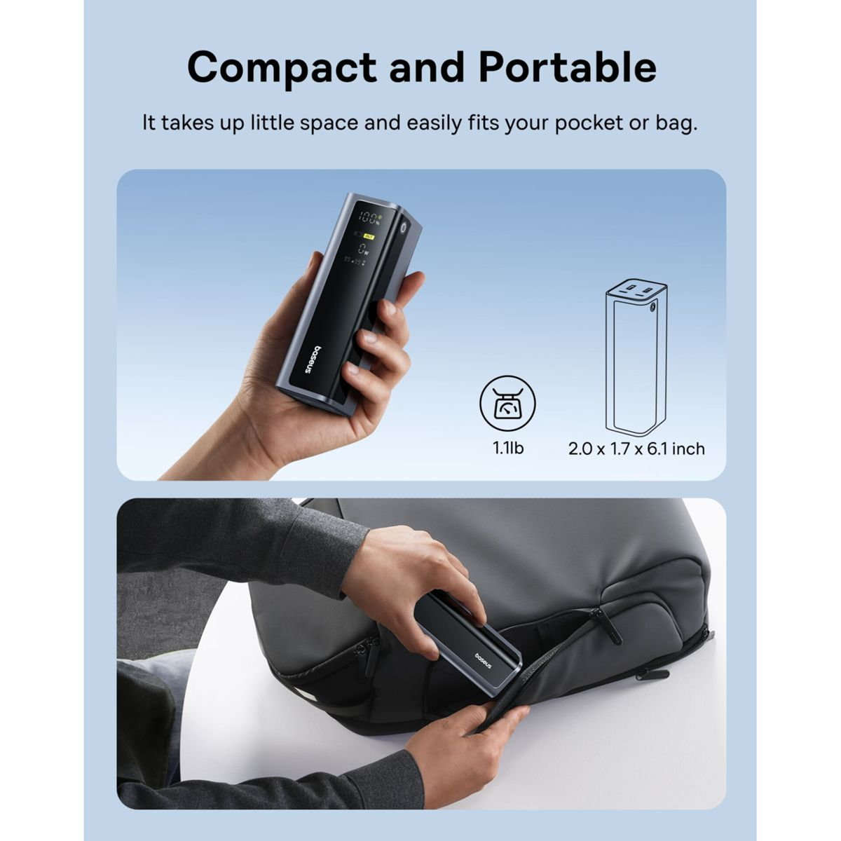 Power bank compatto tenuto in mano e inserito in una borsa grigia, che mostra le specifiche di dimensioni e peso.