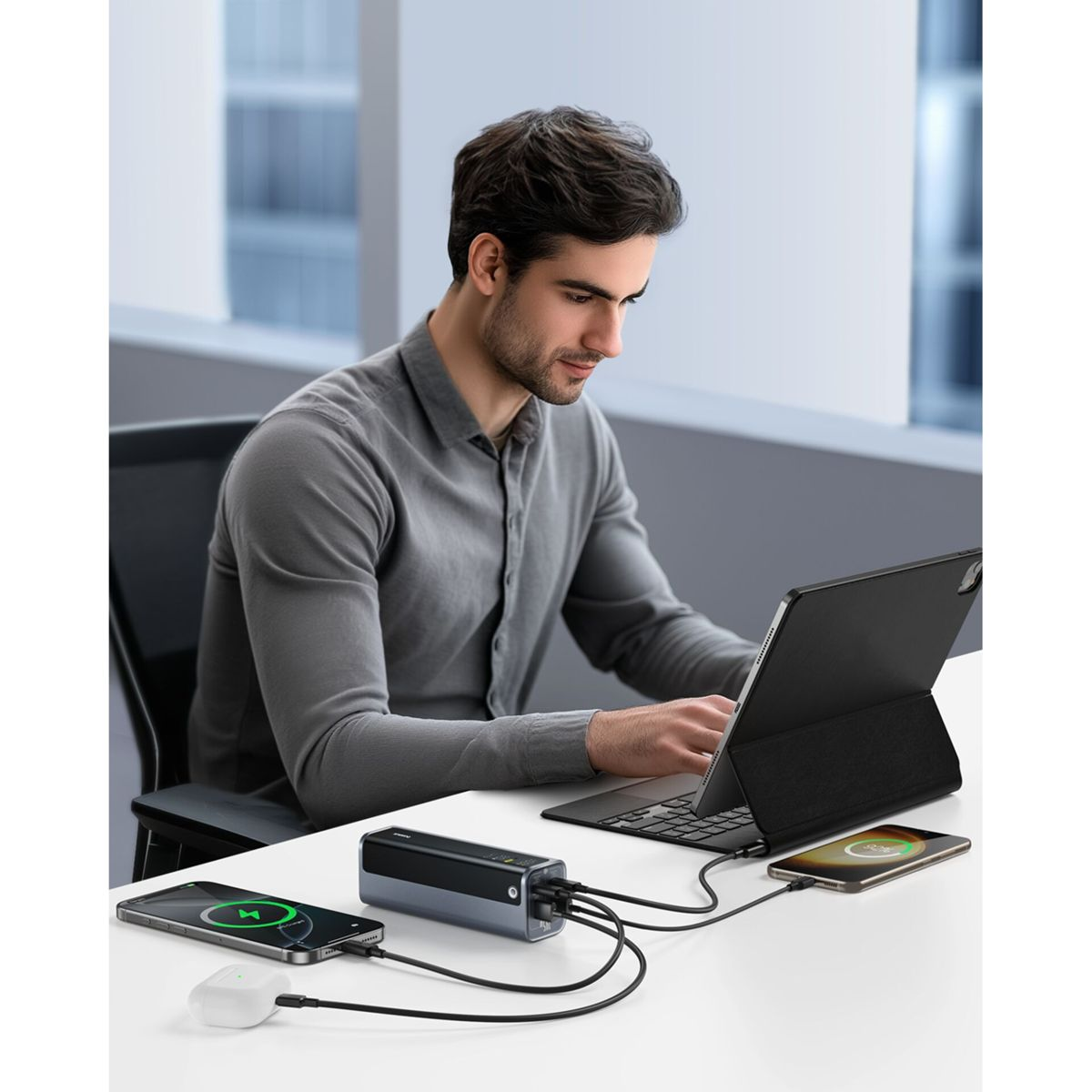 Un uomo con camicia grigia digita su un tablet mentre vari dispositivi si caricano da una batteria.