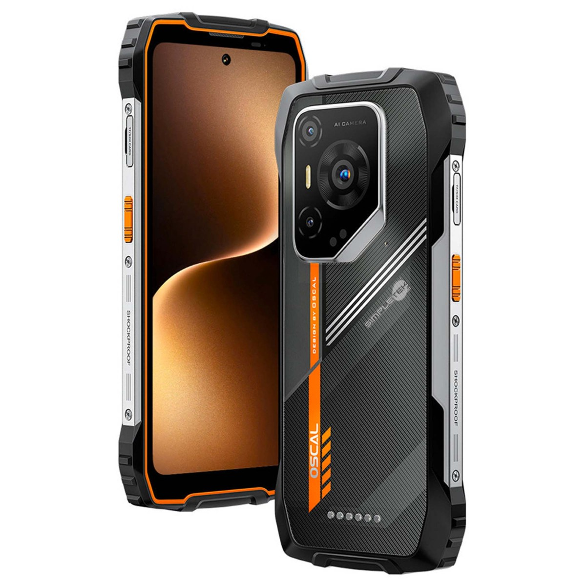 Uno smartphone robusto nero e arancione, mostrato fronte e retro con tripla fotocamera.
