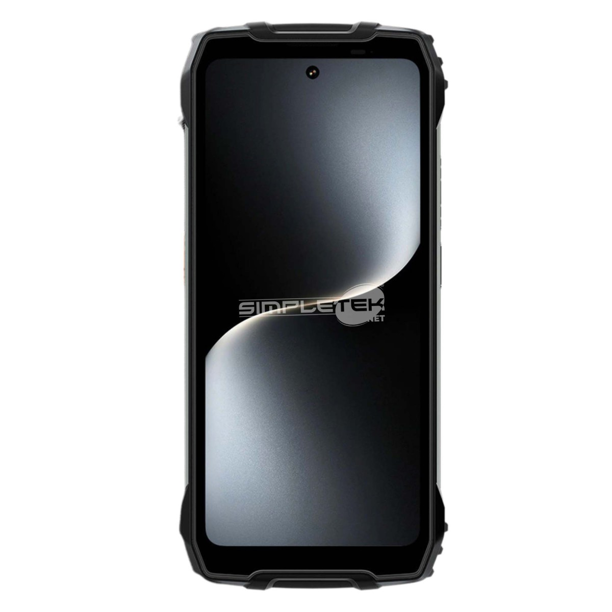 Uno smartphone nero e robusto con schermo scuro, angoli arrotondati e un logo.