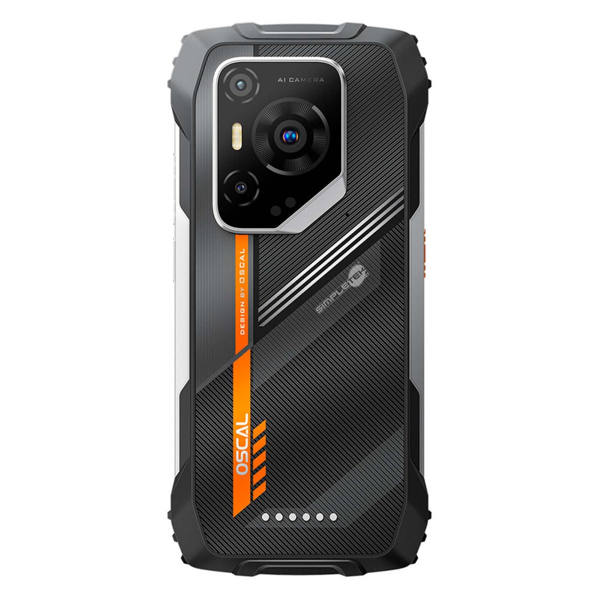 Retro di uno smartphone grigio rugged con tripla fotocamera IA, una striscia arancione e il logo Oscal.
