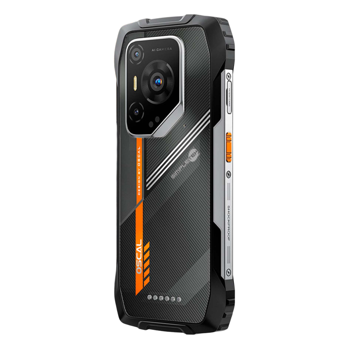 Smartphone rugged nero e argento con dettagli arancioni, retro texturizzato e tripla fotocamera.