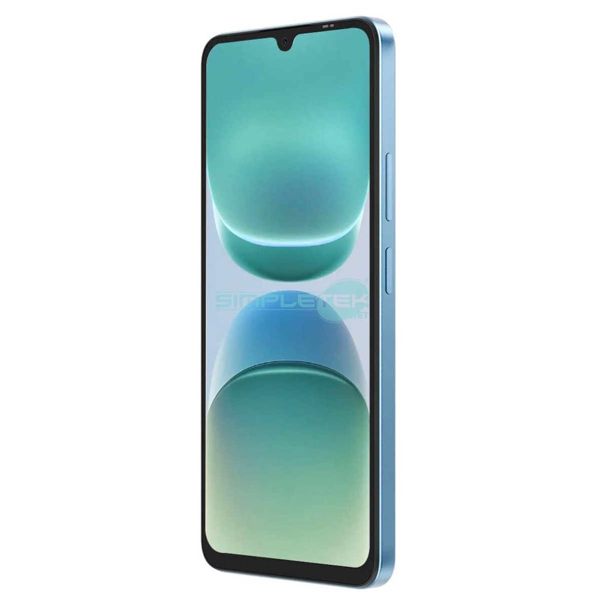 Uno smartphone azzurro con sfondo astratto turchese brillante e tasti laterali su sfondo bianco.