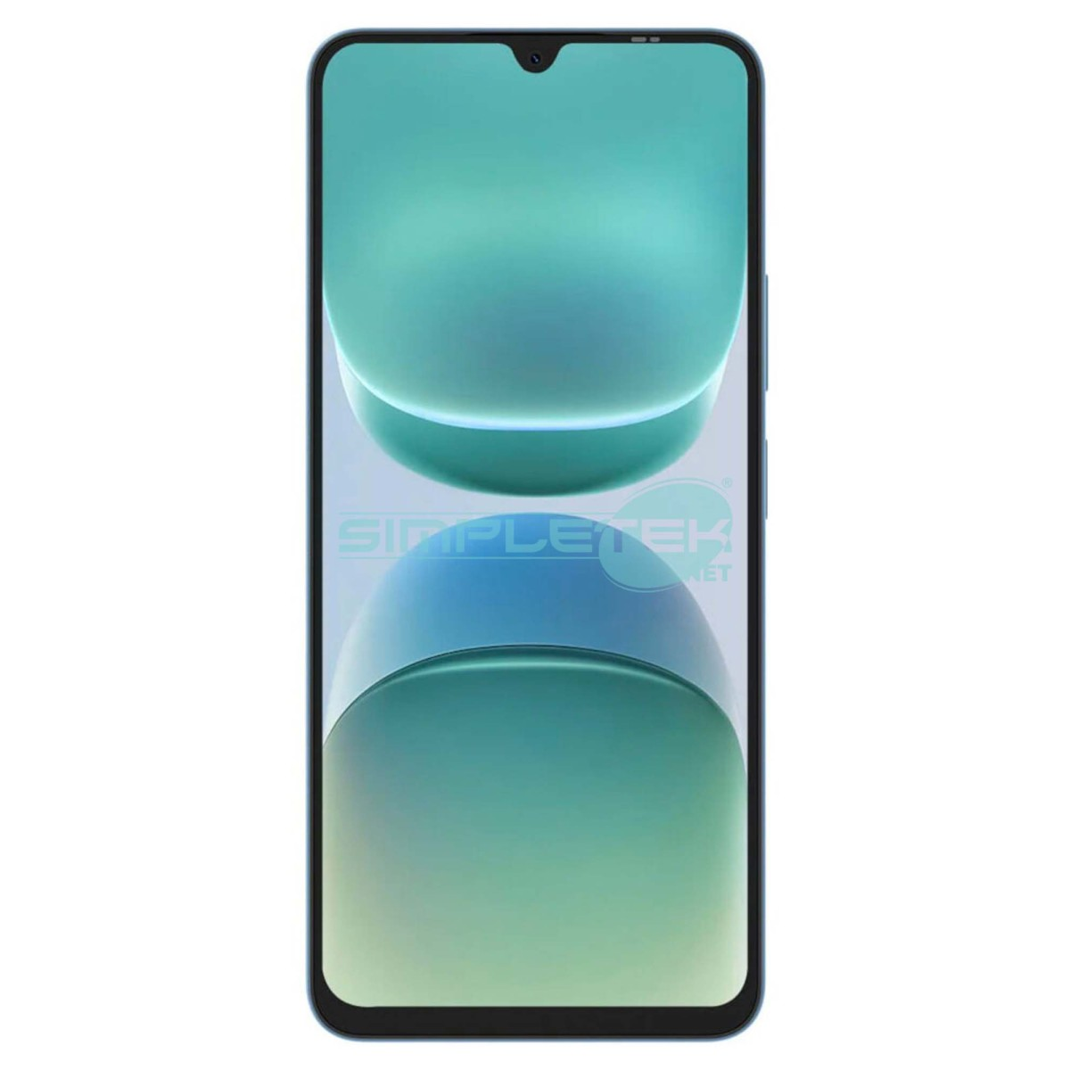 Vista frontale di uno smartphone con display chiaro e logo Simpletek.