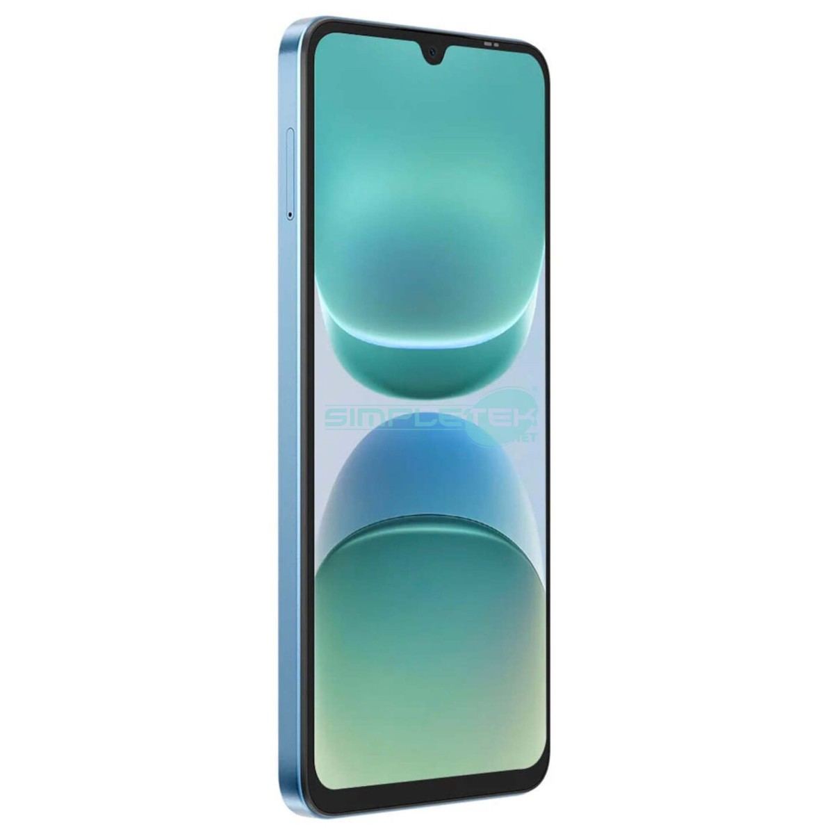 Uno smartphone azzurro con uno sfondo verde lucido sullo schermo si trova su sfondo bianco.