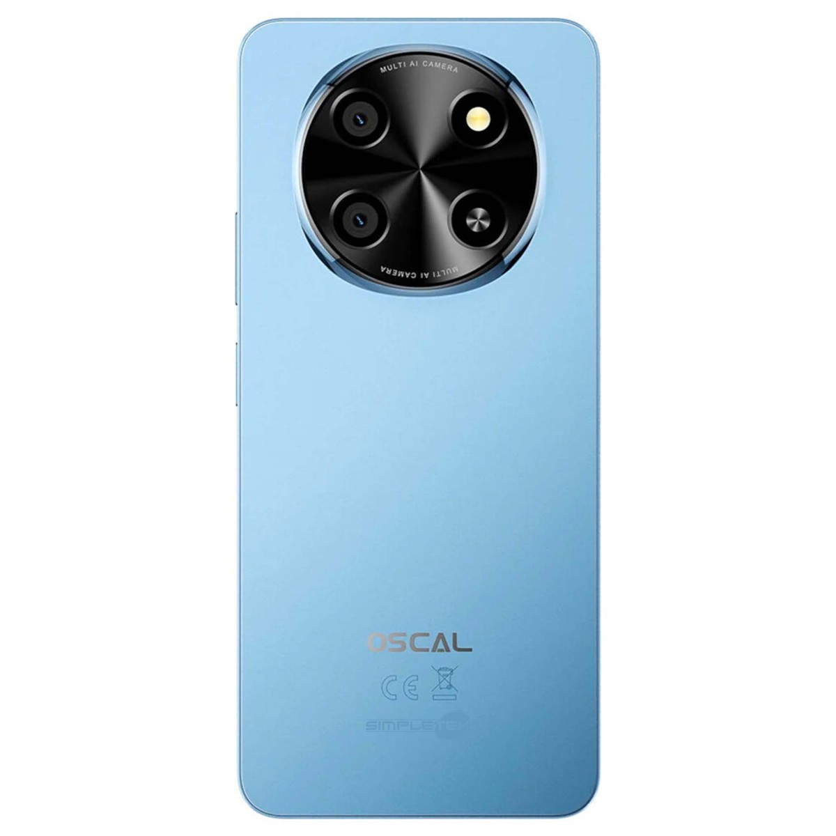 Retro blu di uno smartphone con un grande modulo fotocamera rotondo e marchio OSCAL.