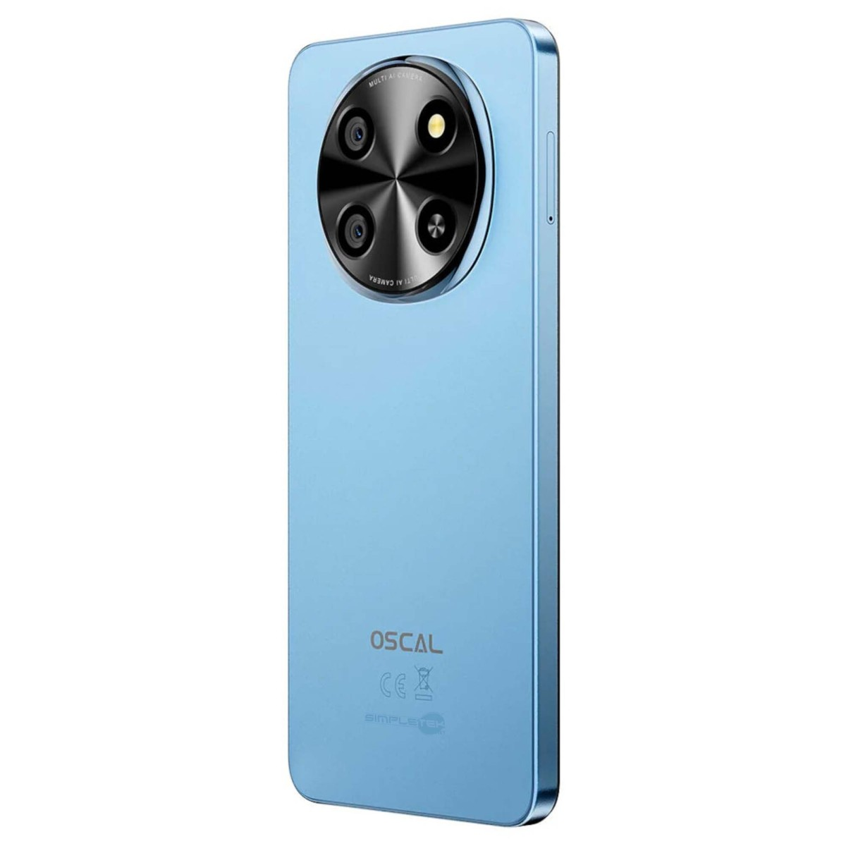 Retro di uno smartphone Oscal blu con modulo fotografico circolare e loghi di certificazione.