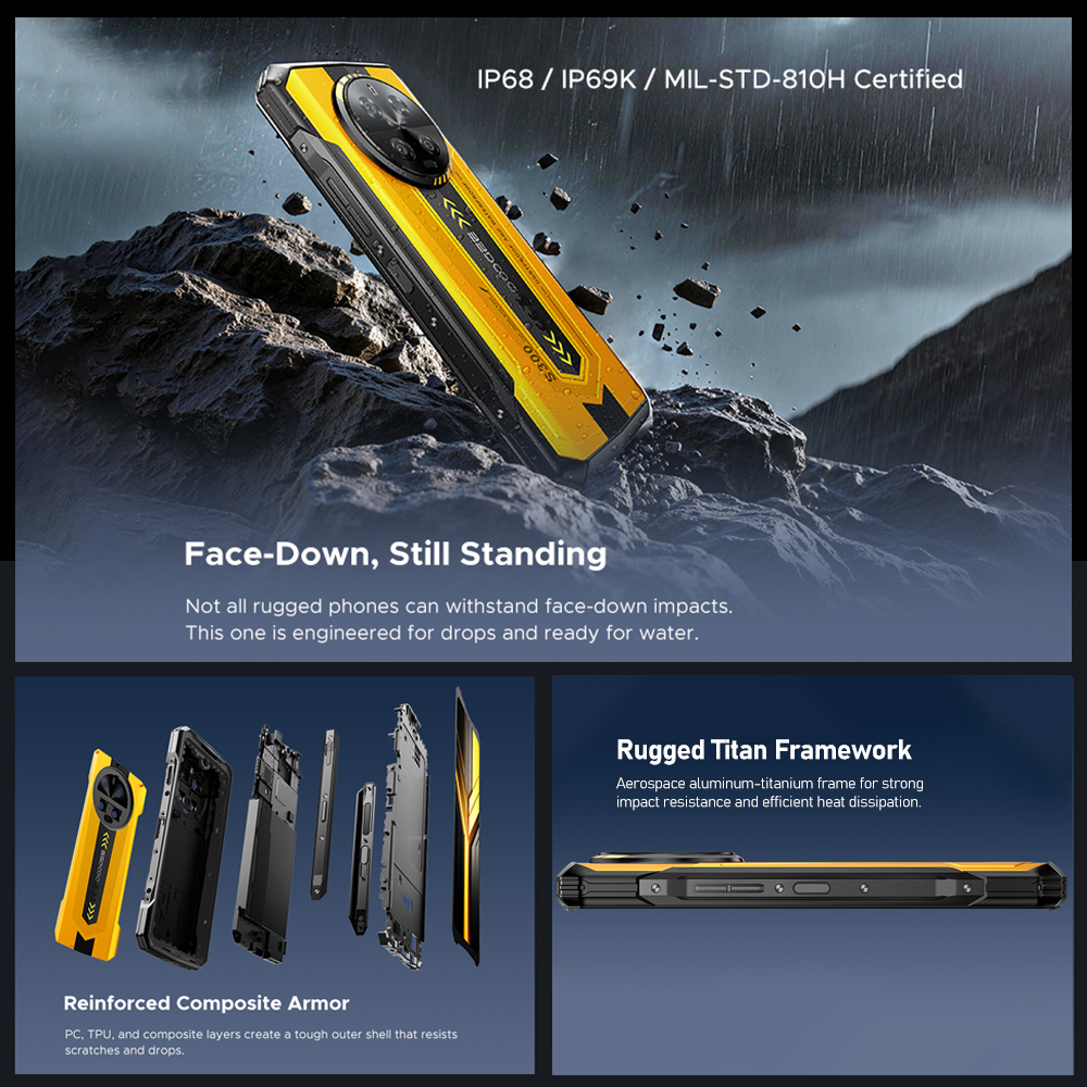Uno smartphone rugged giallo e nero è mostrato su una superficie rocciosa, evidenziandone la durata.