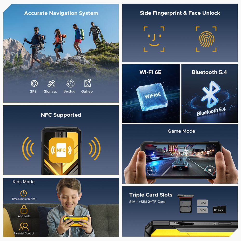 Caratteristiche dello smartphone: GPS, sblocco facciale, Wi-Fi 6E, Bluetooth 5.4, NFC, modalità gioco e controllo genitori.