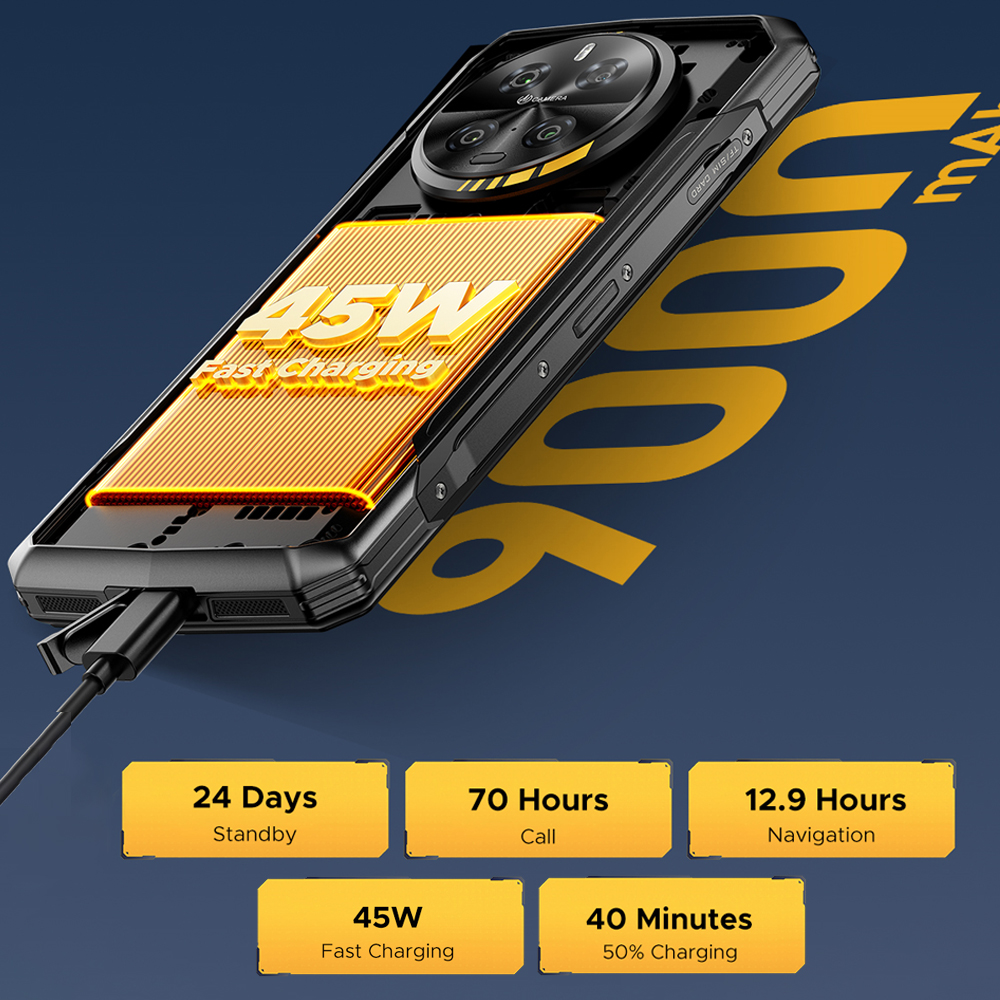 Uno smartphone rugged con grafica della batteria interna a ricarica rapida da 45W e dati.
