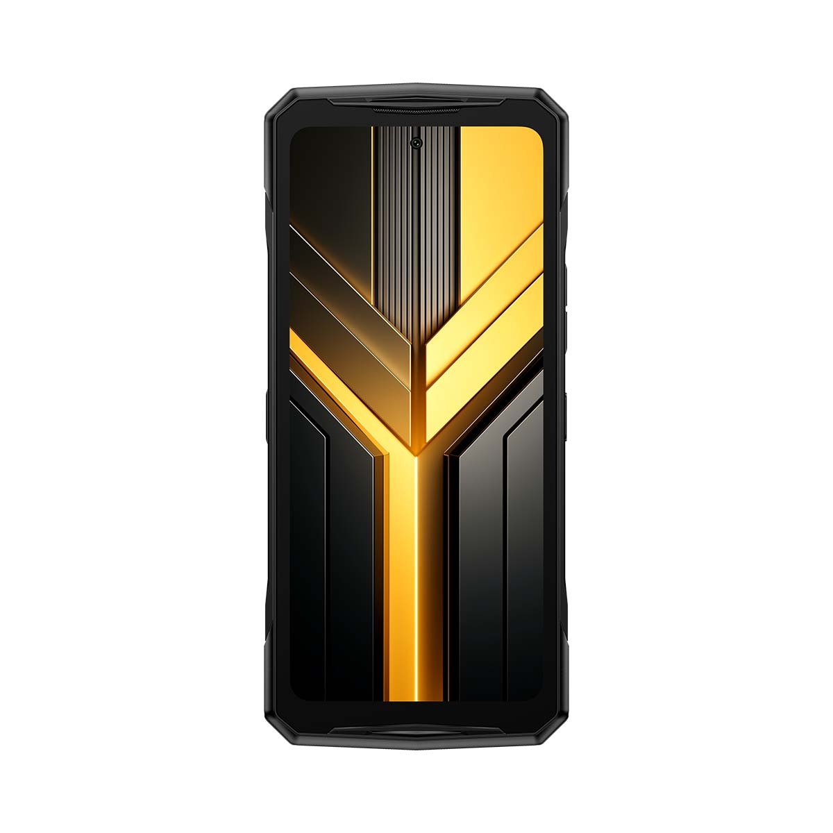Uno smartphone rugged nero con custodia robusta e uno schermo che mostra un motivo astratto oro e nero.