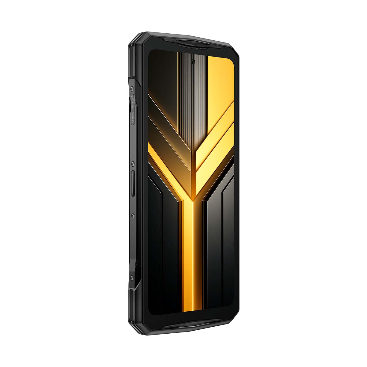 Uno smartphone nero robusto con motivi geometrici gialli e grigi sullo schermo.